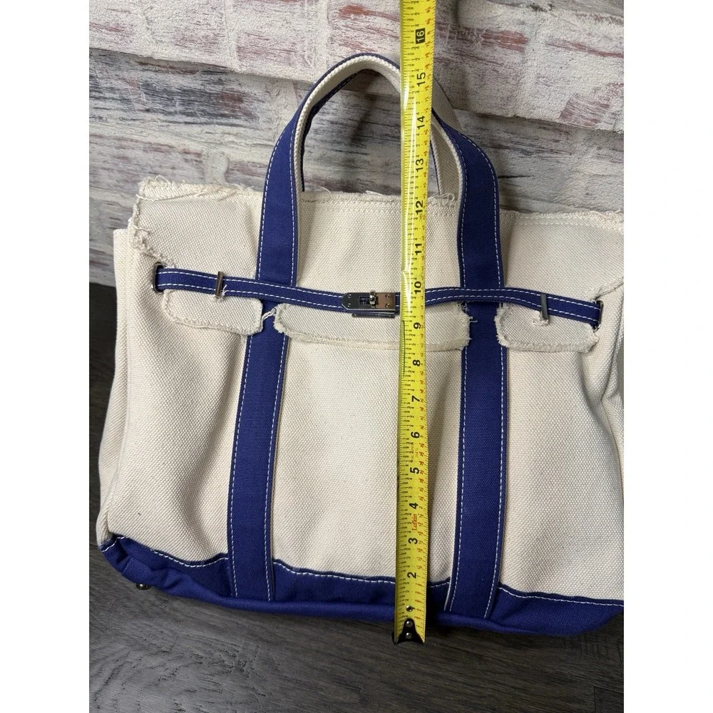 Sunwin Madaket Classic Large Tote Bag Canvas Natural with Blue Trim Silver
